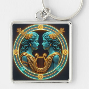 Gemini Twins Goddess Statues With Neon Circle Key Ring