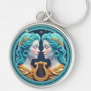Gemini Twins Goddess Statues With Neon Circle Key Ring