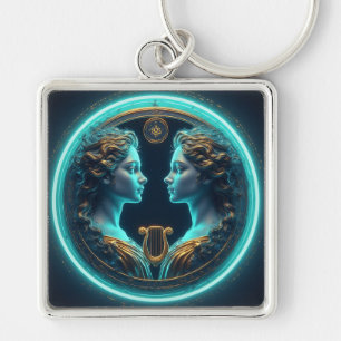 Gemini Twins Goddess Statues With Neon Circle Key Ring