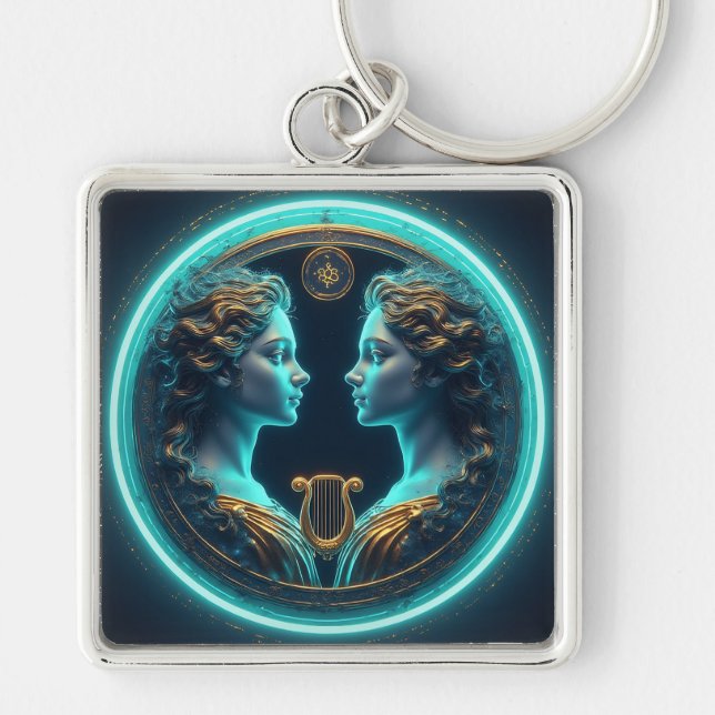 Gemini Twins Goddess Statues With Neon Circle Key Ring (Front)