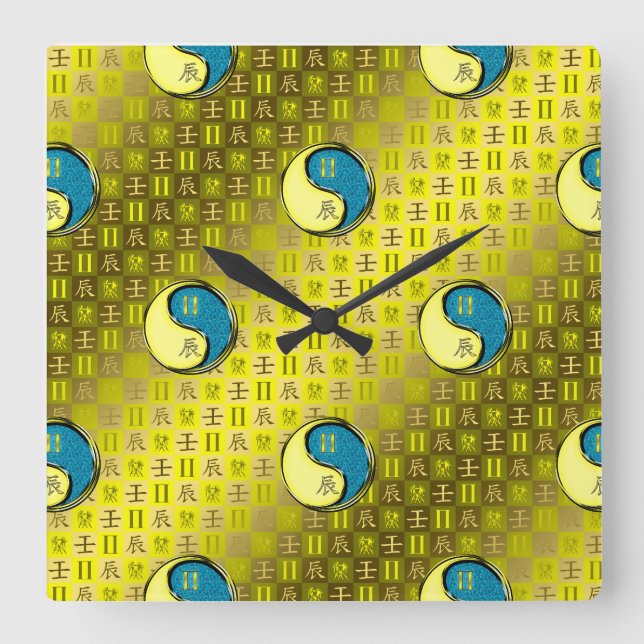 Gemini & Water Dragon Square Wall Clock (Front)