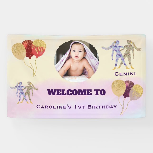 Gemini Watercolor 1st Birthday Photo Sign (Horizontal)