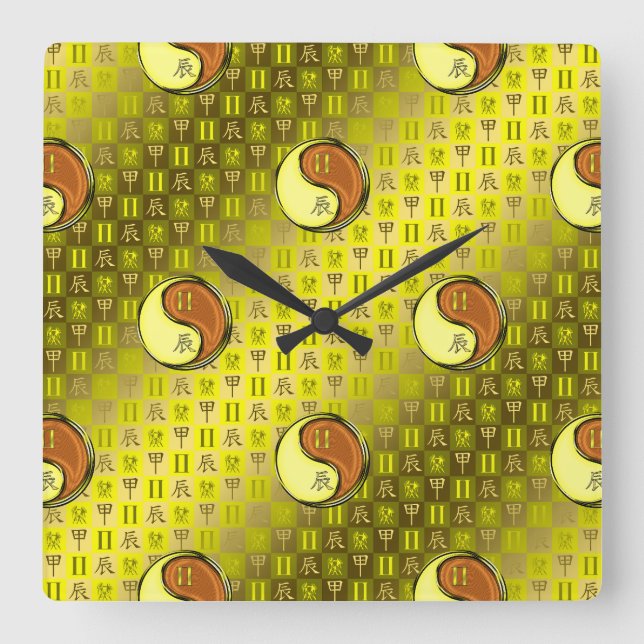 Gemini & Wood Dragon Square Wall Clock (Front)