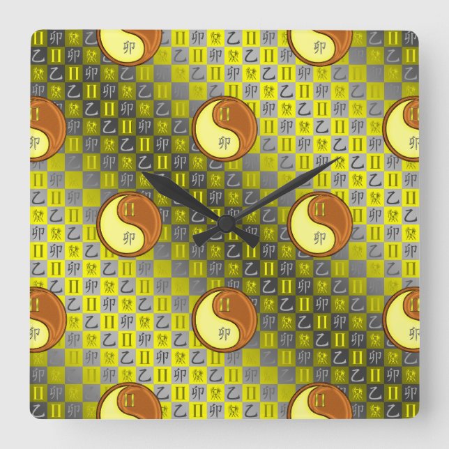 Gemini & Wood Rabbit Square Wall Clock (Front)