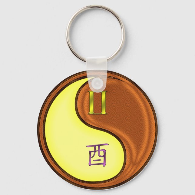 Gemini & Wood Rooster Key Ring (Front)