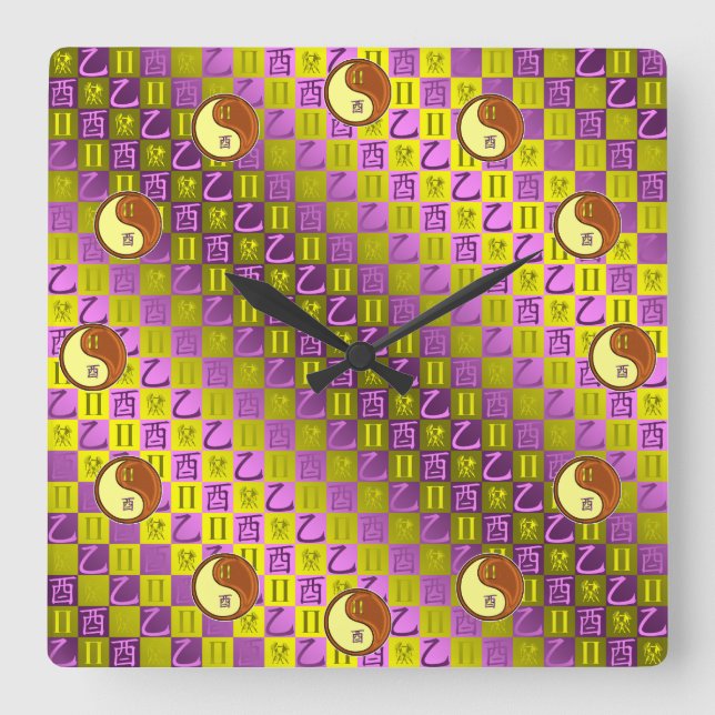 Gemini & Wood Rooster Square Wall Clock (Front)