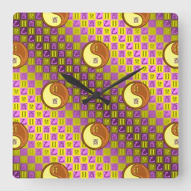 Gemini & Wood Rooster Square Wall Clock (Front)