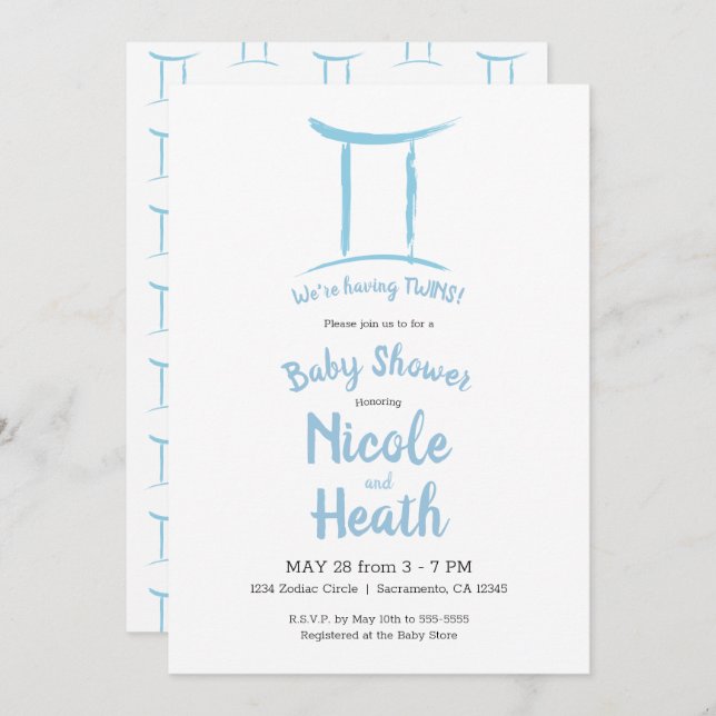 Gemini Zodiac Astrology Blue May June Baby Shower Invitation (Front/Back)