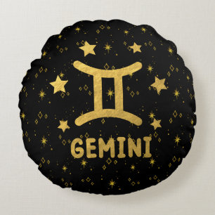 Gemini Zodiac Black and Gold Round Pillow