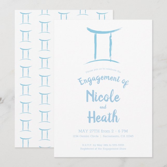 GEMINI Zodiac Blue Astrology May June Engagement  Invitation (Front/Back)