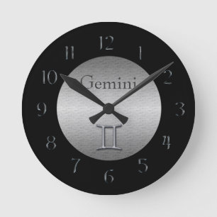 Gemini Zodiac-Faux Brushed Silver/Black Round Clock