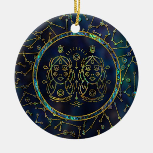 Gemini Zodiac Gold Abalone on Constellation Ceramic Tree Decoration (Front)