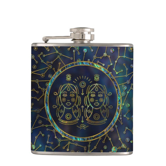 Gemini Zodiac Gold Abalone on Constellation Hip Flask (Front)