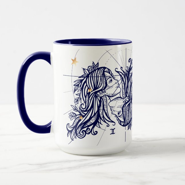 Gemini Zodiac Navy Blue & Gold Birth Mug (Left)