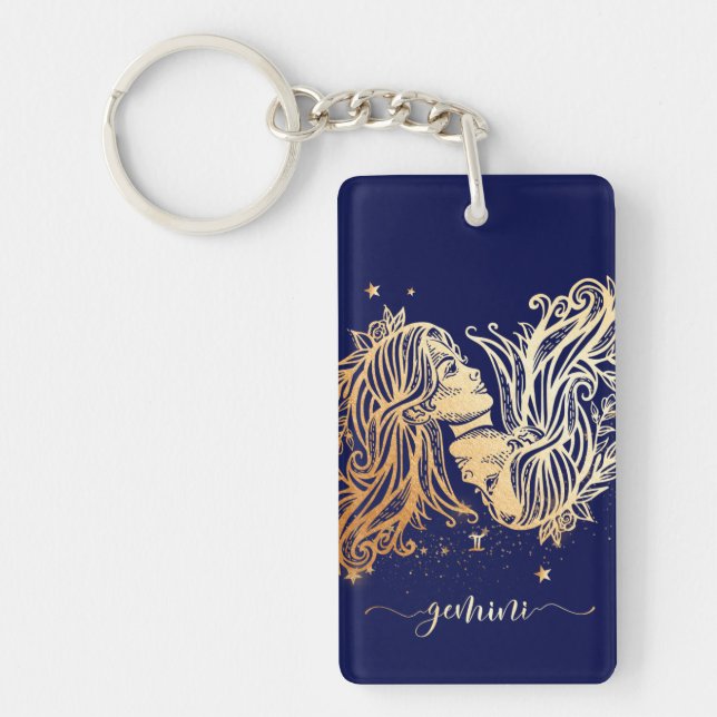 Gemini Zodiac Navy Blue & Gold Key Chain Design (Front)