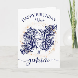 Gemini Zodiac Navy & Gold Monochrome Birthday Card