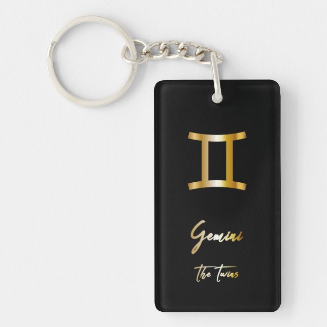 Gemini Zodiac Sign, Black & Gold Keychain (Front)