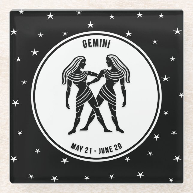 Gemini Zodiac Sign, Black & White Glass Coaster (Front)