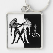 Gemini Zodiac Sign, Black & White Keychain