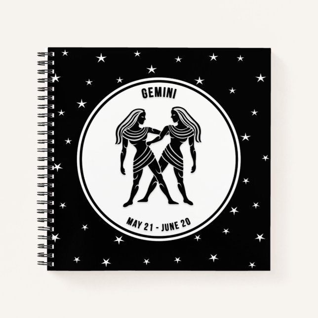 Gemini Zodiac Sign, Black & White Notebook (Front)