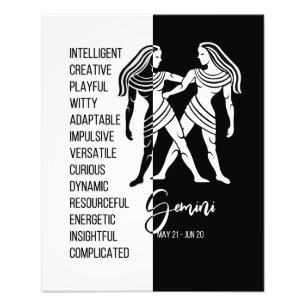 Gemini Zodiac Sign, Black & White Poster