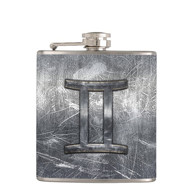 Gemini Zodiac Sign in Industrial Steel Style Hip Flask (Front)
