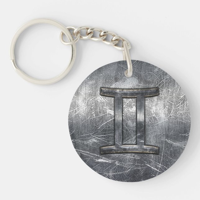 Gemini Zodiac Sign in Industrial Steel Style Key Ring (Front)