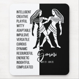 Gemini Zodiac Sign Mousepad, Black & White Mouse Mat