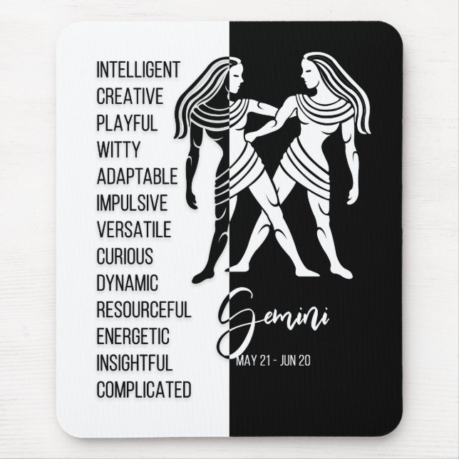 Gemini Zodiac Sign Mousepad, Black & White Mouse Mat (Front)