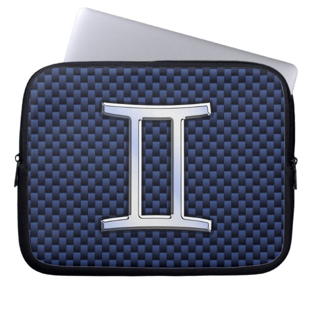 Gemini Zodiac Sign on Blue Carbon Fibre Style Laptop Sleeve (Front)