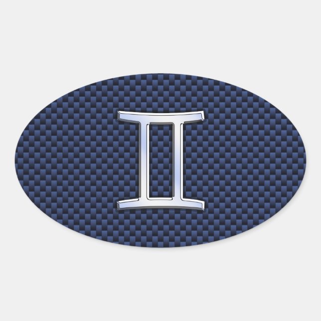 Gemini Zodiac Sign on Blue Carbon Fibre Style Oval Sticker (Front)