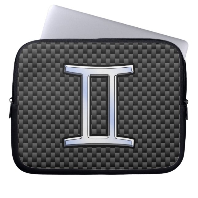 Gemini Zodiac Sign on Charcoal Carbon Fiber Print Laptop Sleeve (Front)