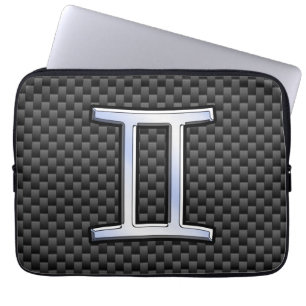 Gemini Zodiac Sign on Charcoal Carbon Fiber Print Laptop Sleeve
