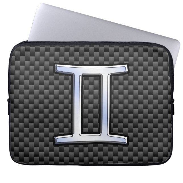 Gemini Zodiac Sign on Charcoal Carbon Fiber Print Laptop Sleeve (Front)