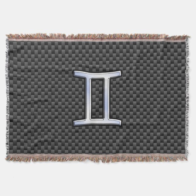 Gemini Zodiac Sign on Charcoal Carbon Fiber Print Throw Blanket (Front)