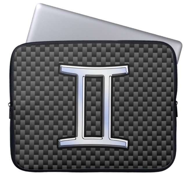 Gemini Zodiac Sign on Charcoal Carbon Fibre Print Laptop Sleeve (Front)