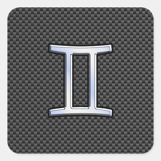 Gemini Zodiac Sign on Charcoal Carbon Fibre Print Square Sticker (Front)