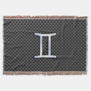 Gemini Zodiac Sign on Charcoal Carbon Fibre Print Throw Blanket