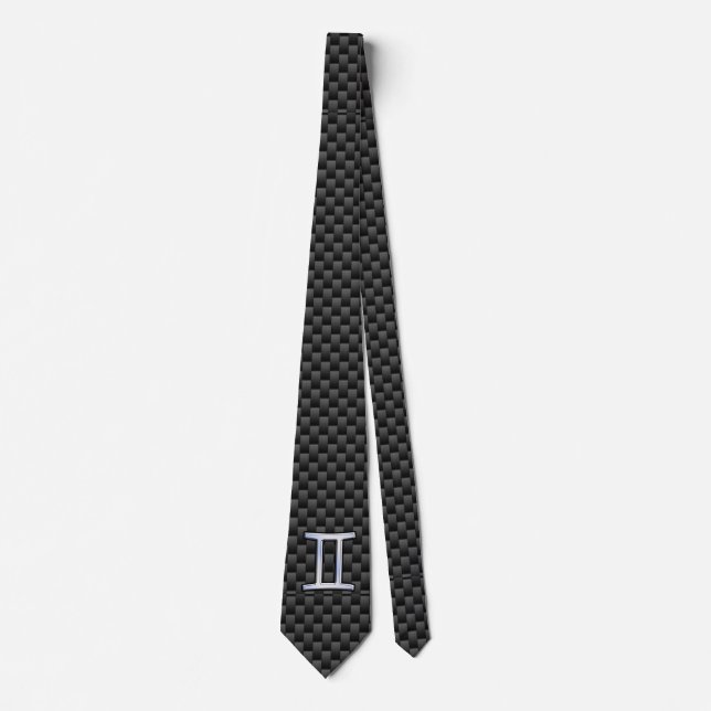 Gemini Zodiac Sign on Charcoal Carbon Fibre Print Tie (Front)