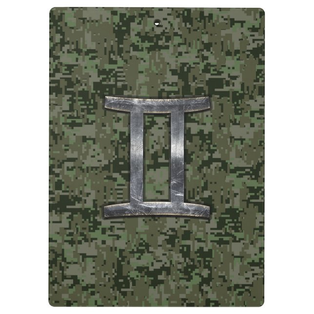 Gemini Zodiac Sign on Green Digital Camo Clipboard (Back)