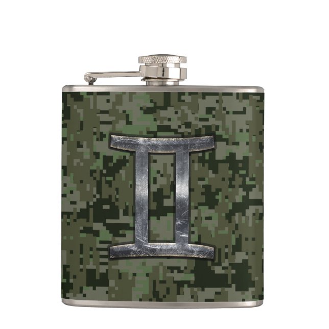 Gemini Zodiac Sign on Green Digital Camouflage Hip Flask (Front)