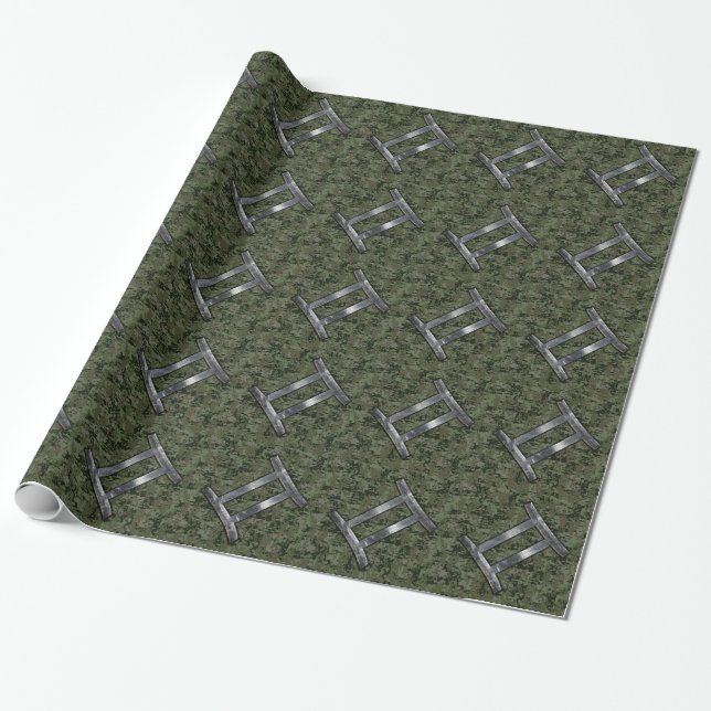 Gemini Zodiac Sign on Green Digital Camouflage Wrapping Paper (Unrolled)