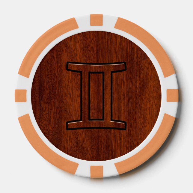 Gemini Zodiac Sign on Mahogany Wood Style Poker Chips (Front)