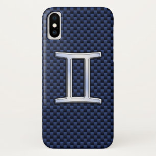 Gemini Zodiac Sign on Navy Blue Carbon Fibre Print iPhone X Case