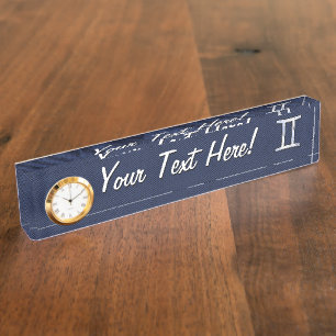 Gemini Zodiac Sign on Navy Blue Carbon Fibre Print Nameplate