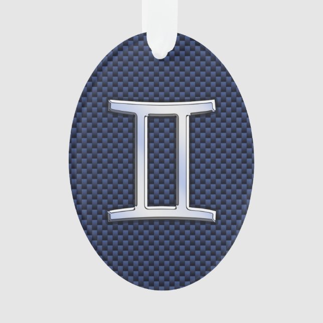 Gemini Zodiac Sign on Navy Blue Carbon Fibre Print Ornament (Front)