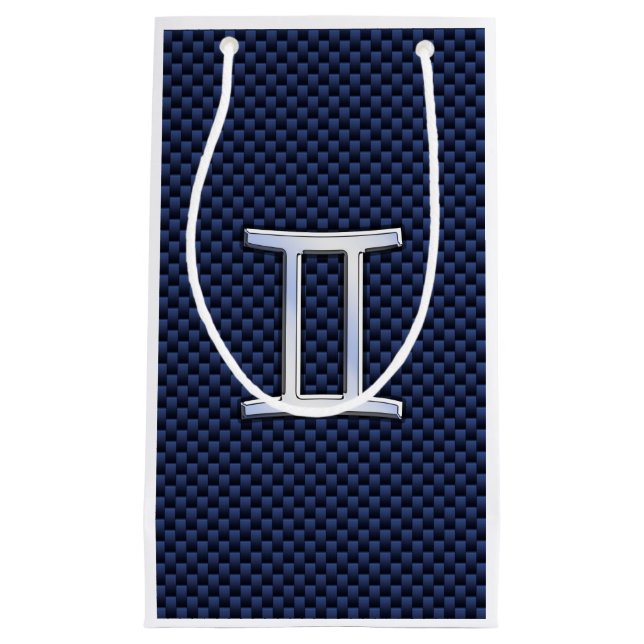 Gemini Zodiac Sign on Navy Blue Carbon Fibre Print Small Gift Bag (Front)