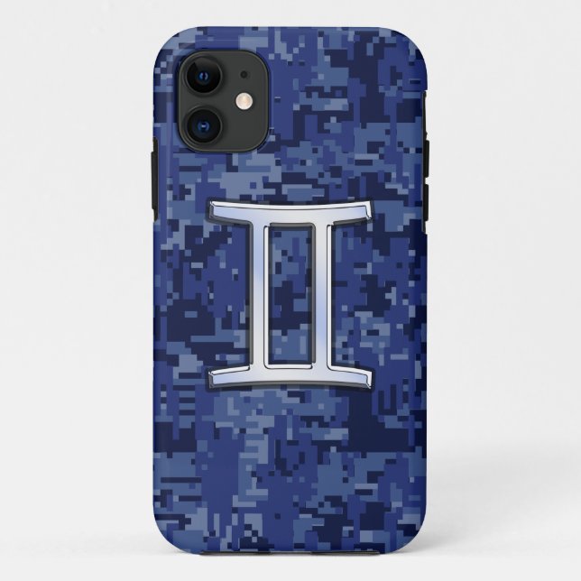 Gemini Zodiac Sign on Navy Blue Digital Camo Case-Mate iPhone Case (Back)