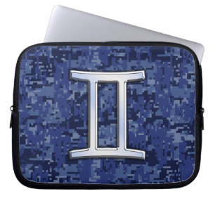 Gemini Zodiac Sign on Navy Blue Digital Camo Laptop Sleeve