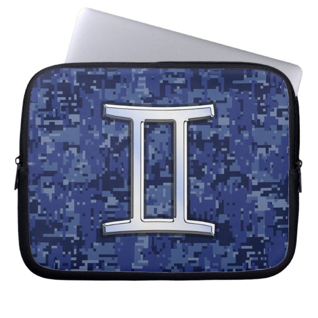 Gemini Zodiac Sign on Navy Blue Digital Camo Laptop Sleeve (Front)